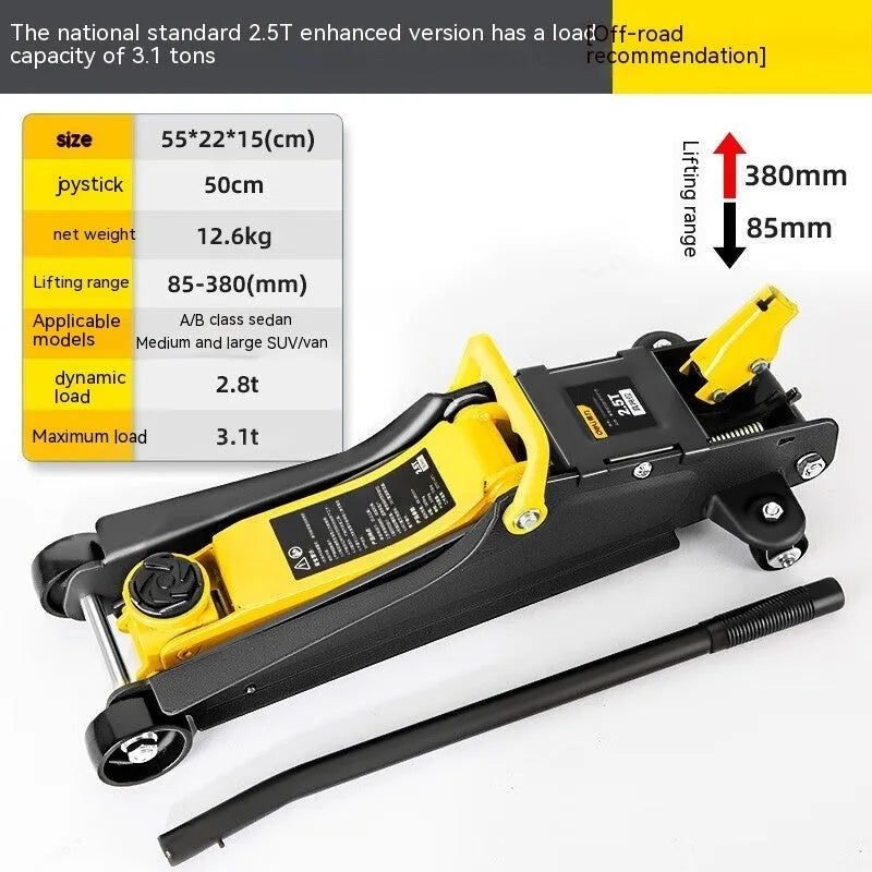Hydraulic low car jack with handle for tyre changing applications