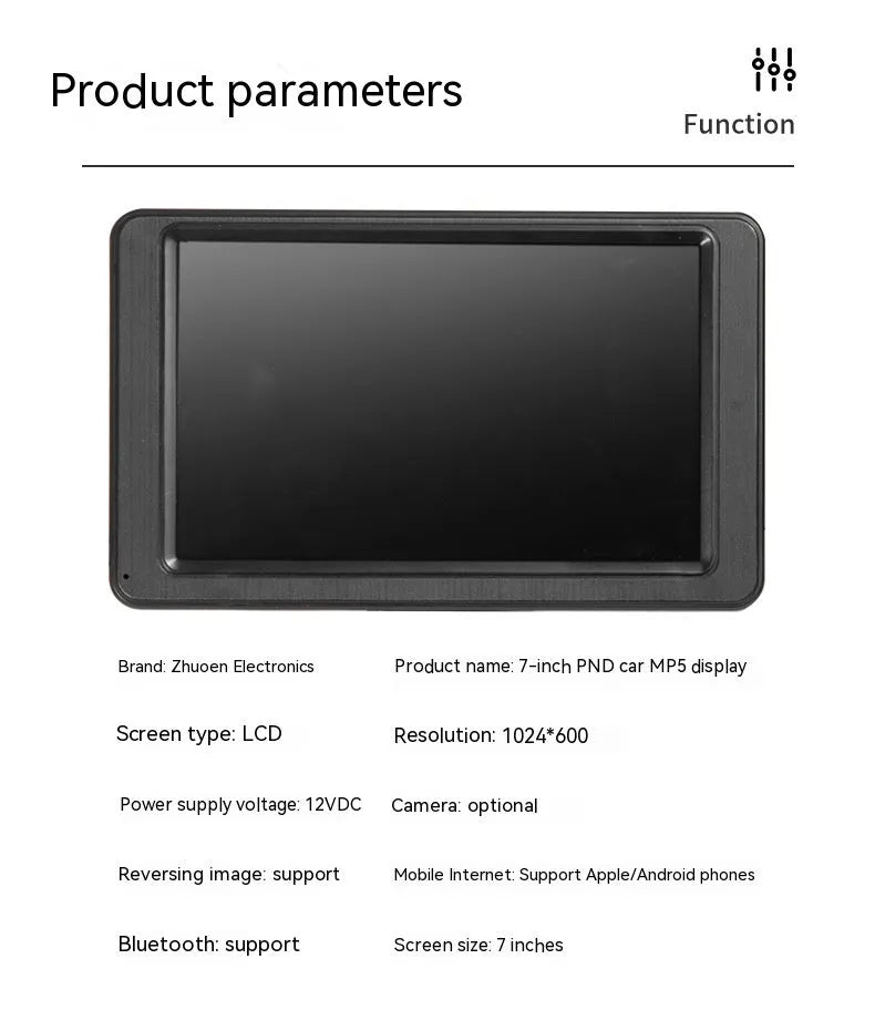 Black vehicle-mounted MP5 player with 7-inch screen on universal car bracket