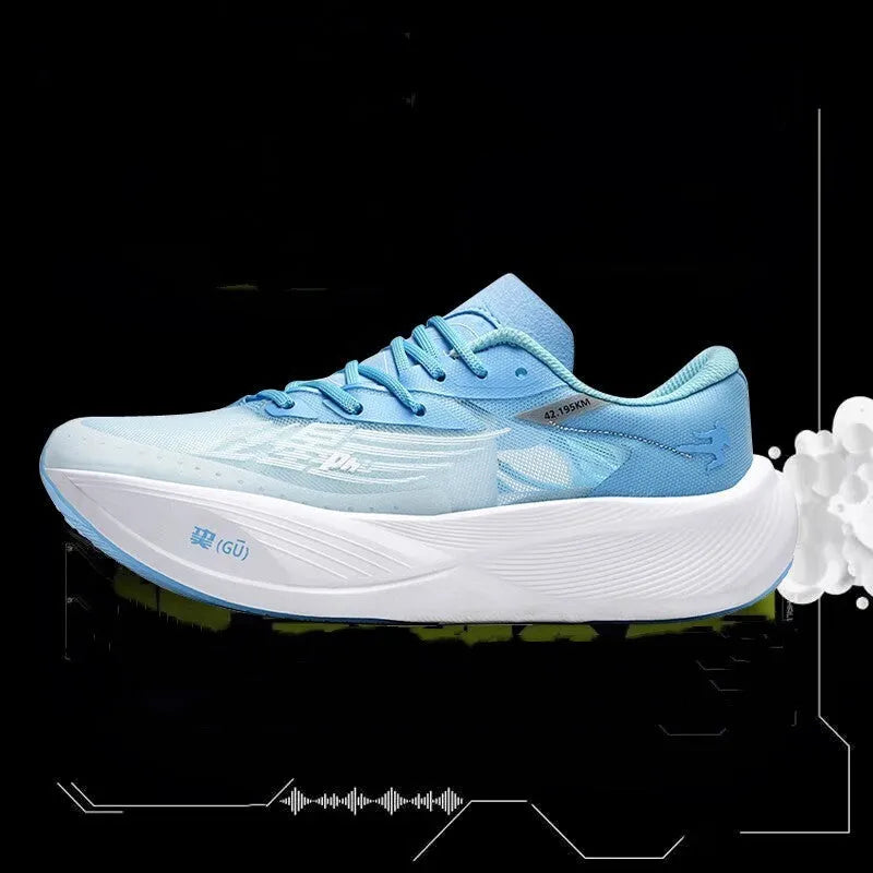 Racing carbon plate sneaker with natural rubber sole and PU mesh upper in neutral low-top design