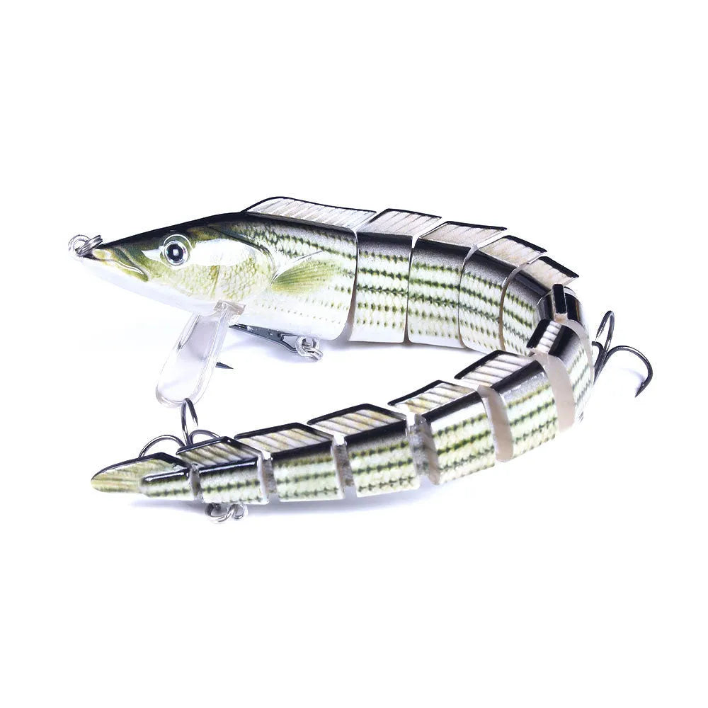 Multi-section simulated loach fishing lure showing flexible joints and #2 hook with 23cm length scale