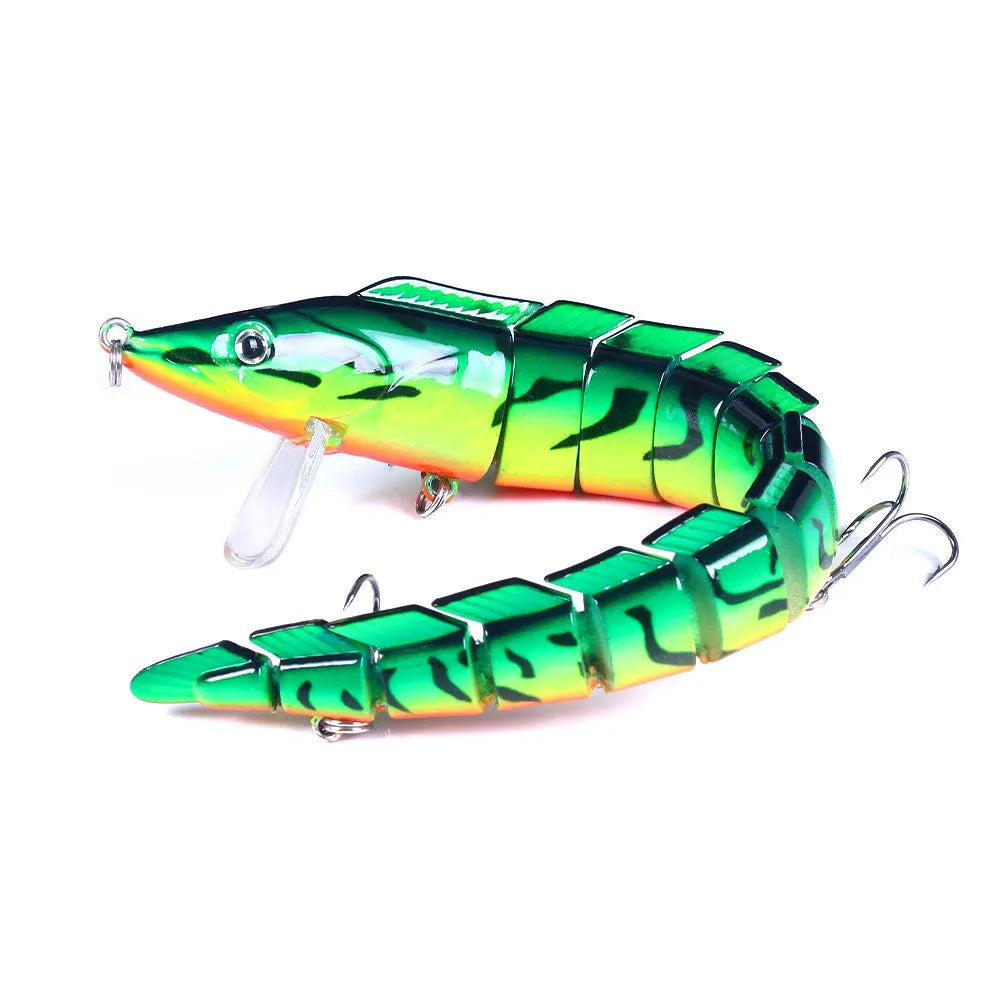 Multi-section simulated loach fishing lure showing flexible joints and #2 hook with 23cm length scale