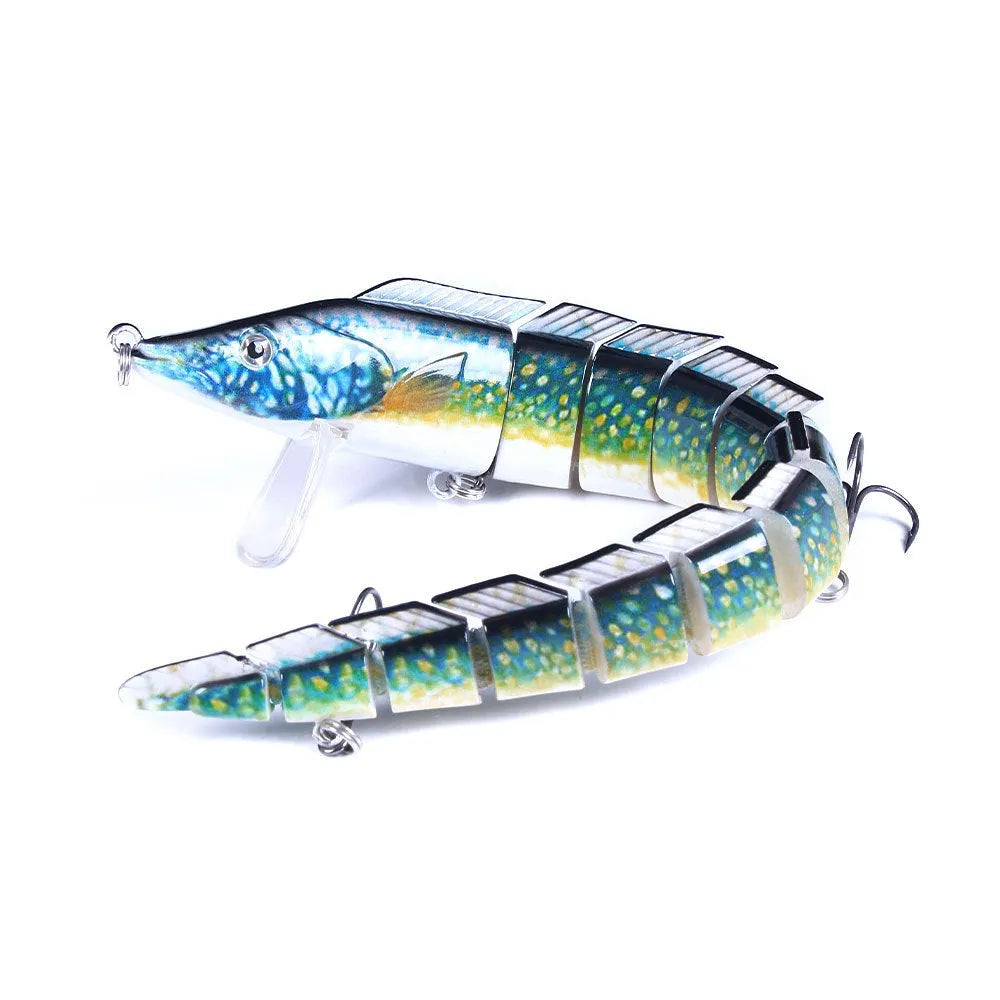 Multi-section simulated loach fishing lure showing flexible joints and #2 hook with 23cm length scale