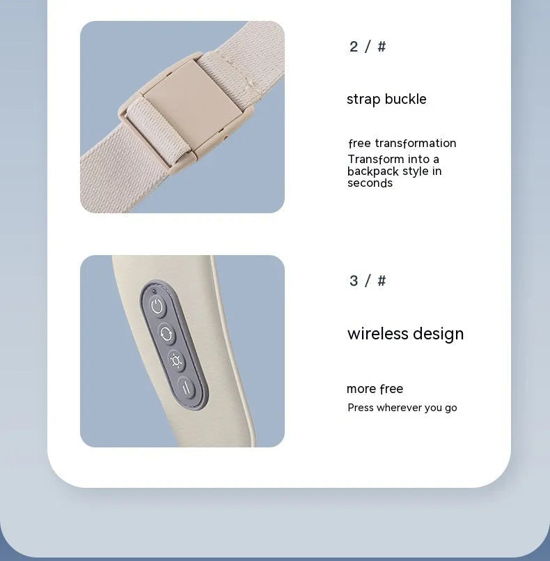 Beige neck massager with PU leather cover and six massage nodes on display against white background