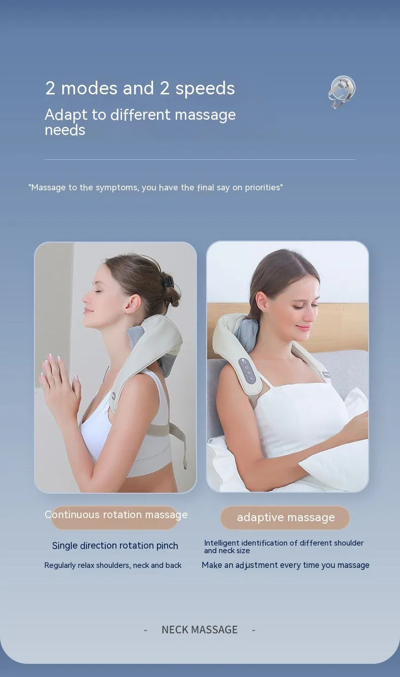 Beige neck massager with PU leather cover and six massage nodes on display against white background