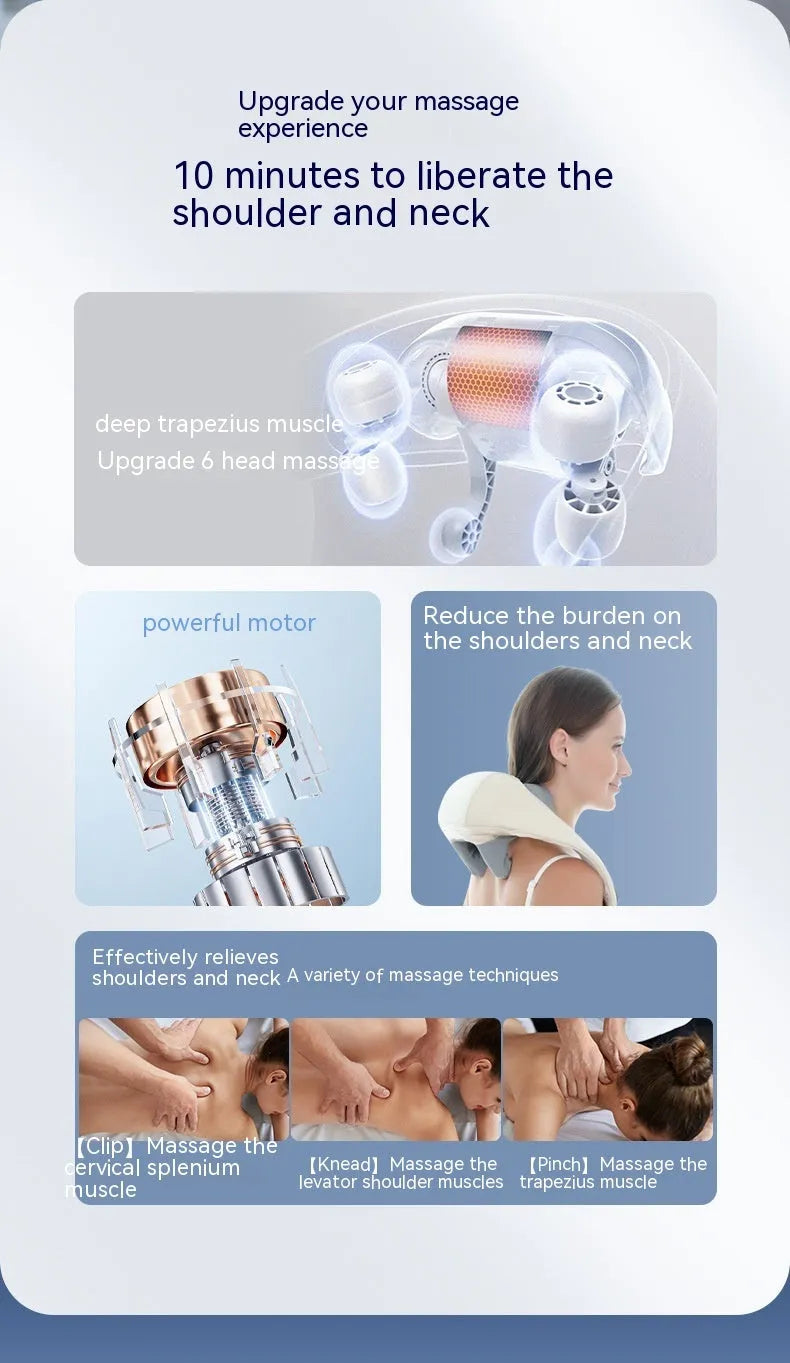 Beige neck massager with PU leather cover and six massage nodes on display against white background