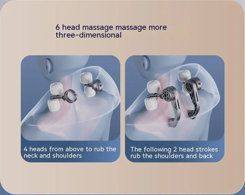 Beige neck massager with PU leather cover and six massage nodes on display against white background