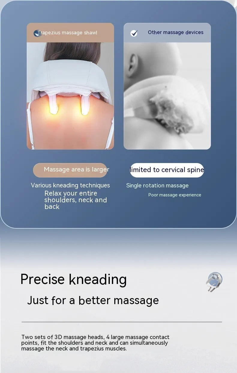 Beige neck massager with PU leather cover and six massage nodes on display against white background