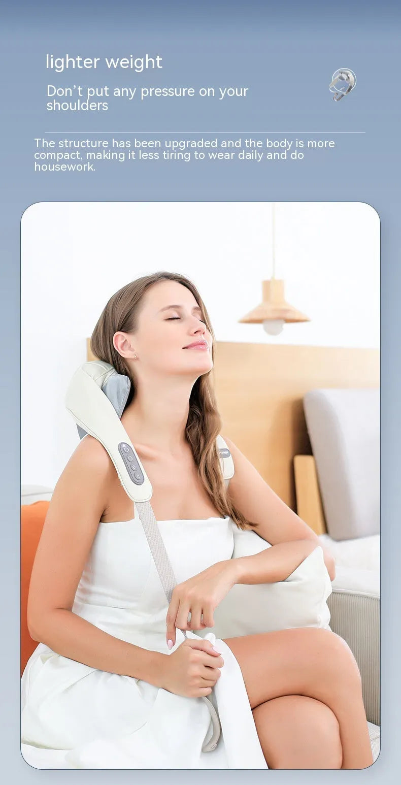 Beige neck massager with PU leather cover and six massage nodes on display against white background