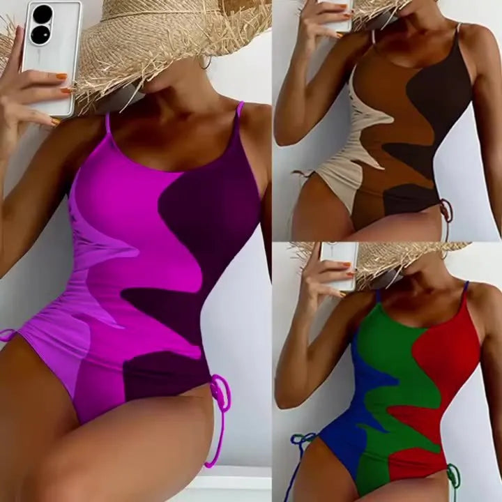 Blue sleeveless backless one-piece swimsuit for women on a mannequin, showing the tight-fitting striped design.