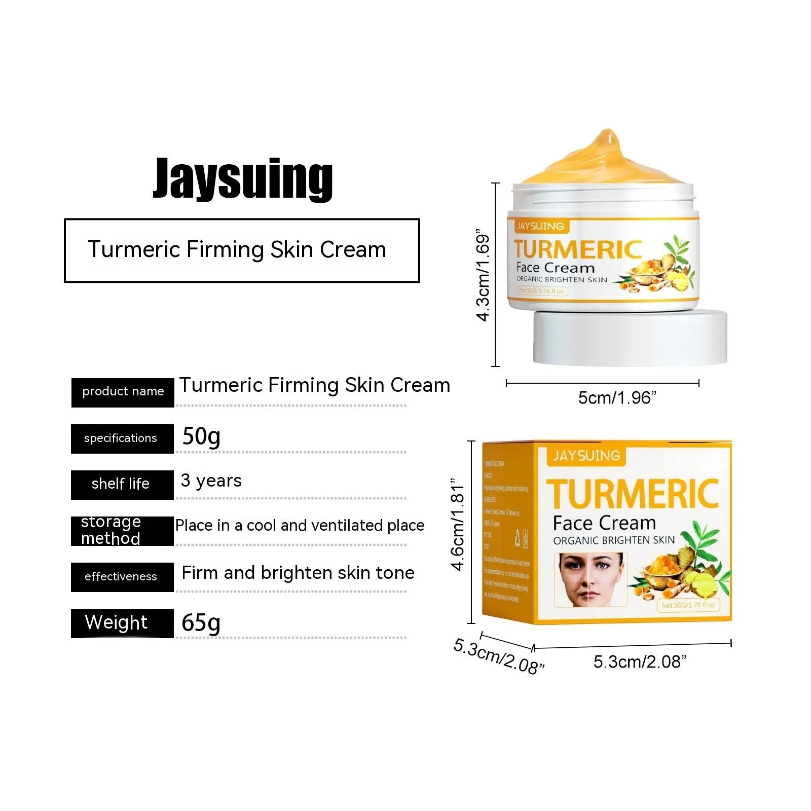 Turmeric Fade Wrinkles Firming Skin Beauty Cream 50g jar with natural ingredients for face brightening