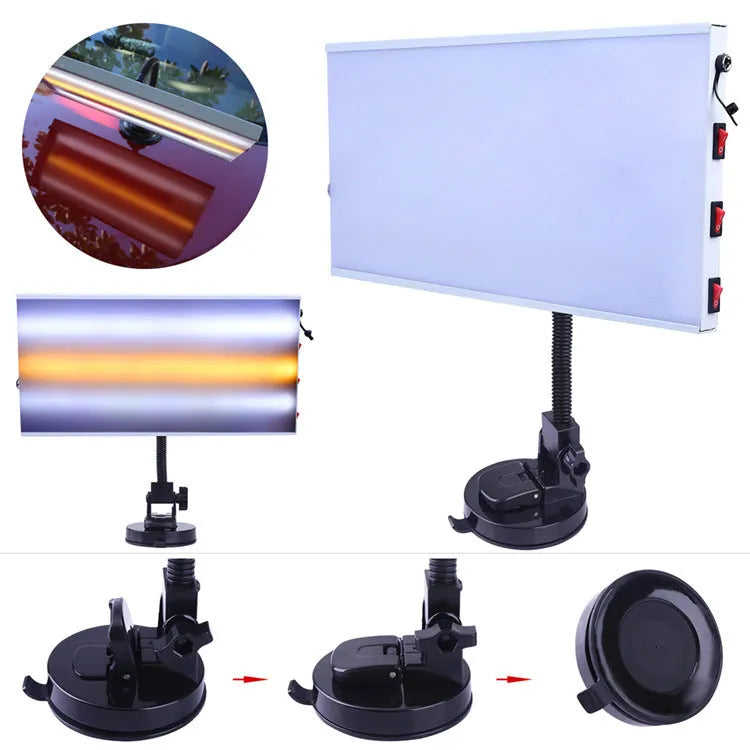 White car dent repair detector kit with concave inspection light and metal construction for professional automotive bodywork