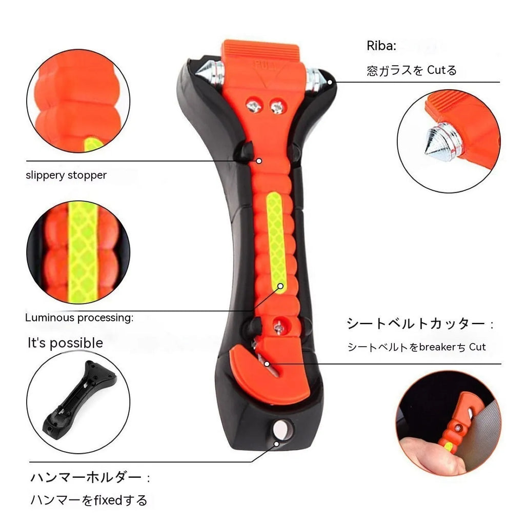 Red car life safety hammer with window breaker and seat belt cutter functions