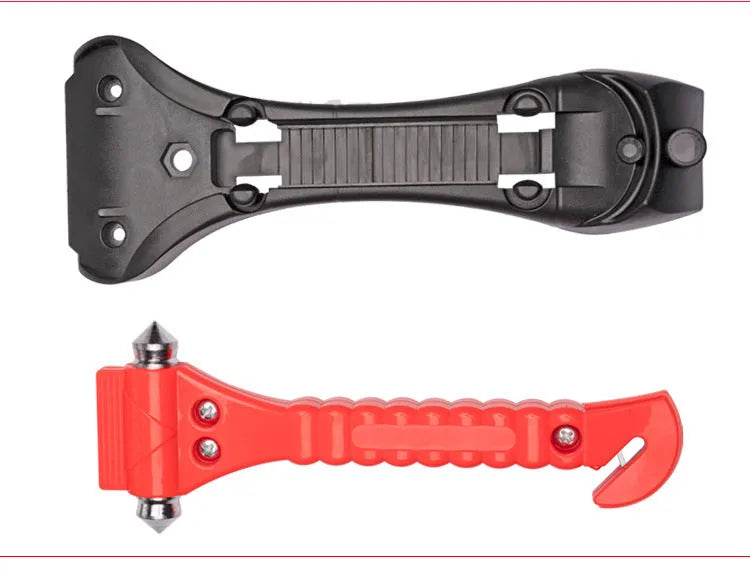 Red car life safety hammer with window breaker and seat belt cutter functions