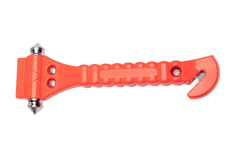 Red car life safety hammer with window breaker and seat belt cutter functions