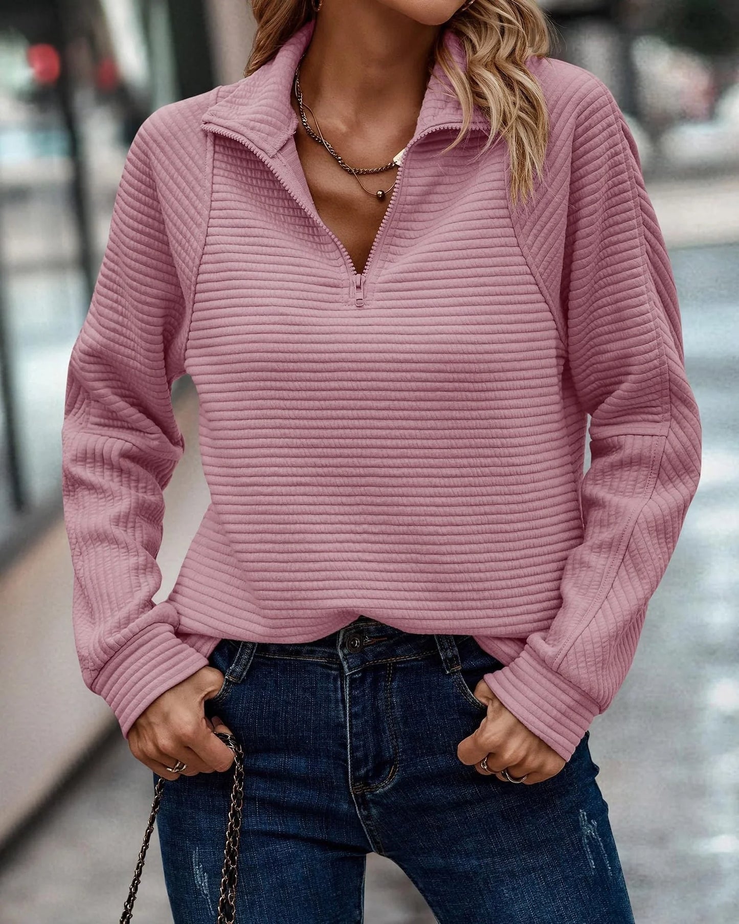 Women's zipper stand collar pullover sweatshirt with striped long sleeve in various colours