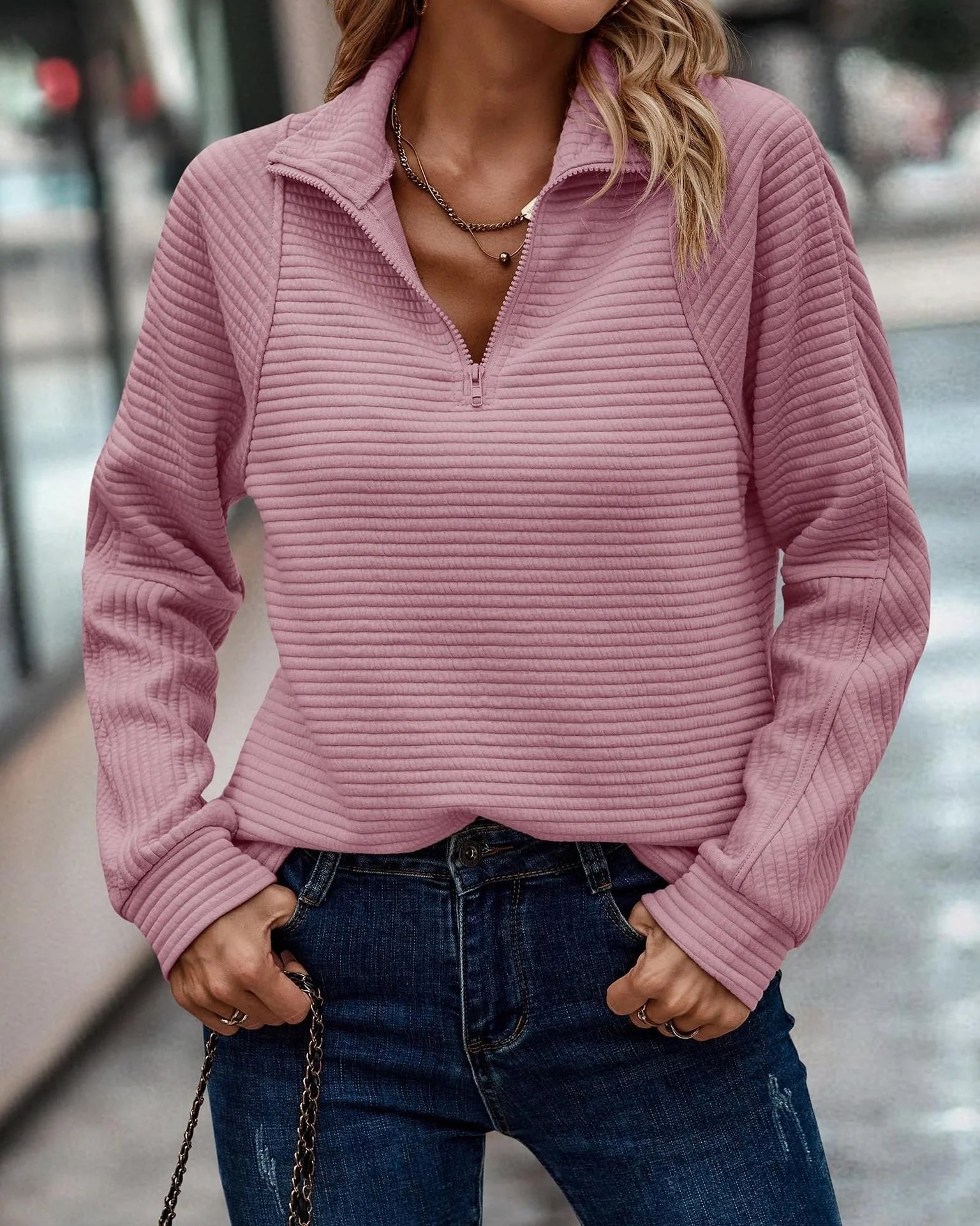 Women's zipper stand collar pullover sweatshirt with striped long sleeve in various colours