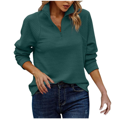 Women's zipper stand collar pullover sweatshirt with striped long sleeve in various colours