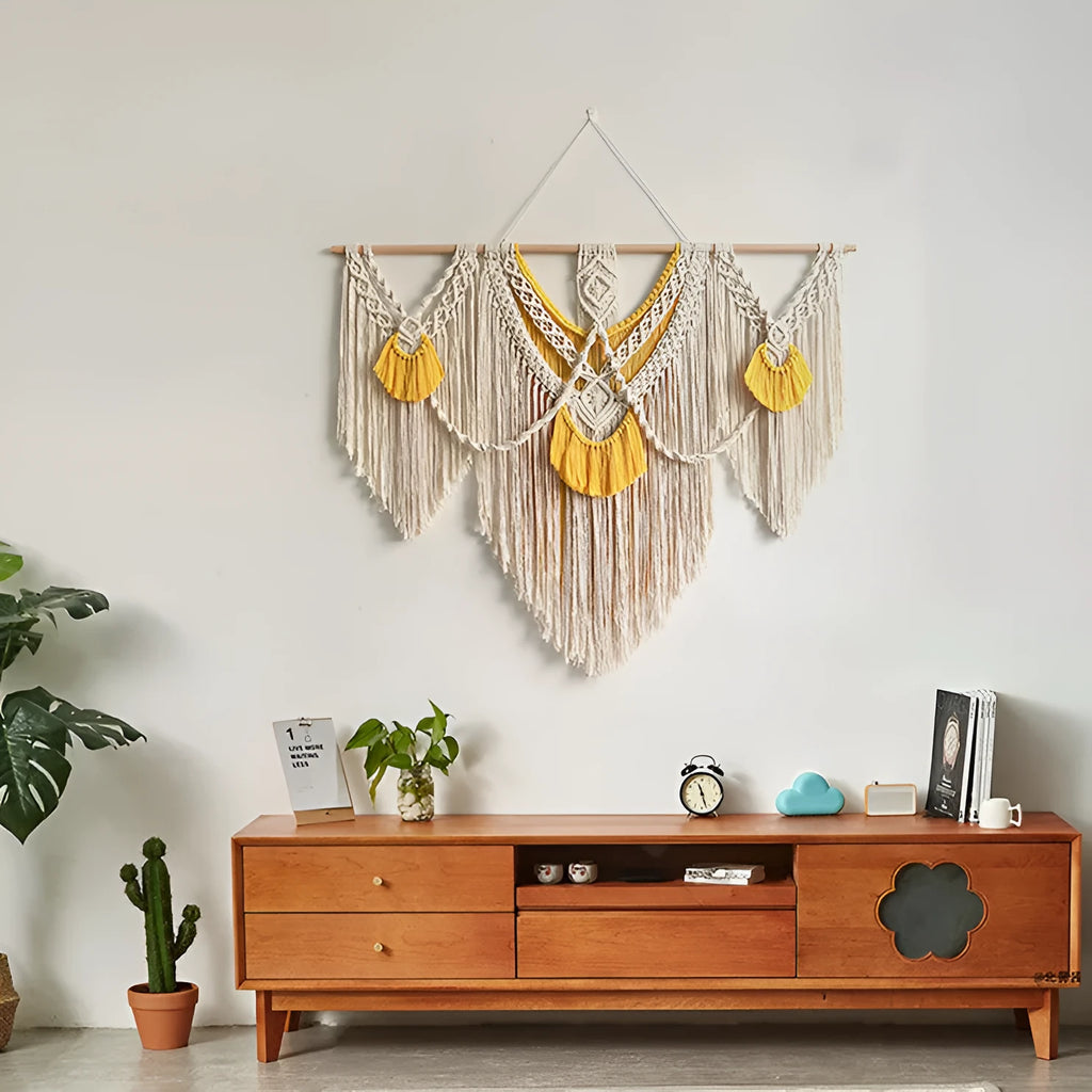 Nordic style hand-woven cotton tapestry wall hanging creamy-white yellow 120cm by 95cm rectangle