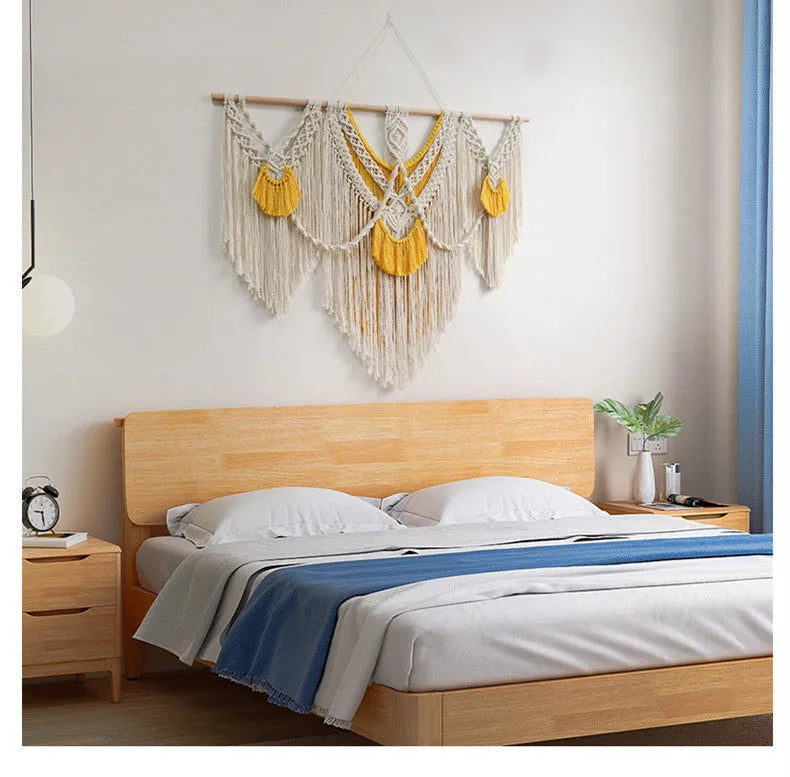 Nordic style hand-woven cotton tapestry wall hanging creamy-white yellow 120cm by 95cm rectangle