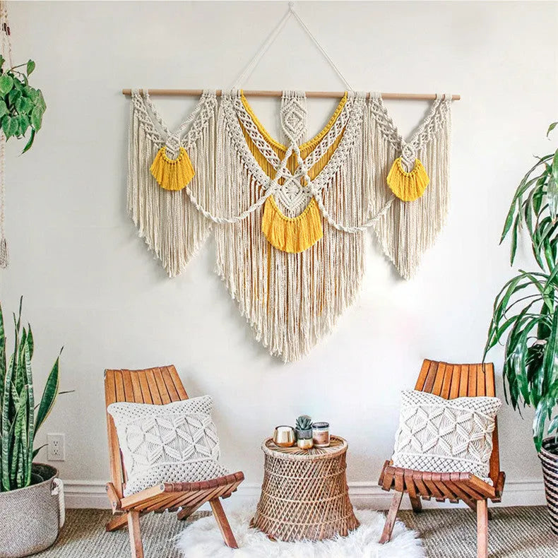 Nordic style hand-woven cotton tapestry wall hanging creamy-white yellow 120cm by 95cm rectangle
