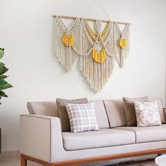 Nordic style hand-woven cotton tapestry wall hanging creamy-white yellow 120cm by 95cm rectangle