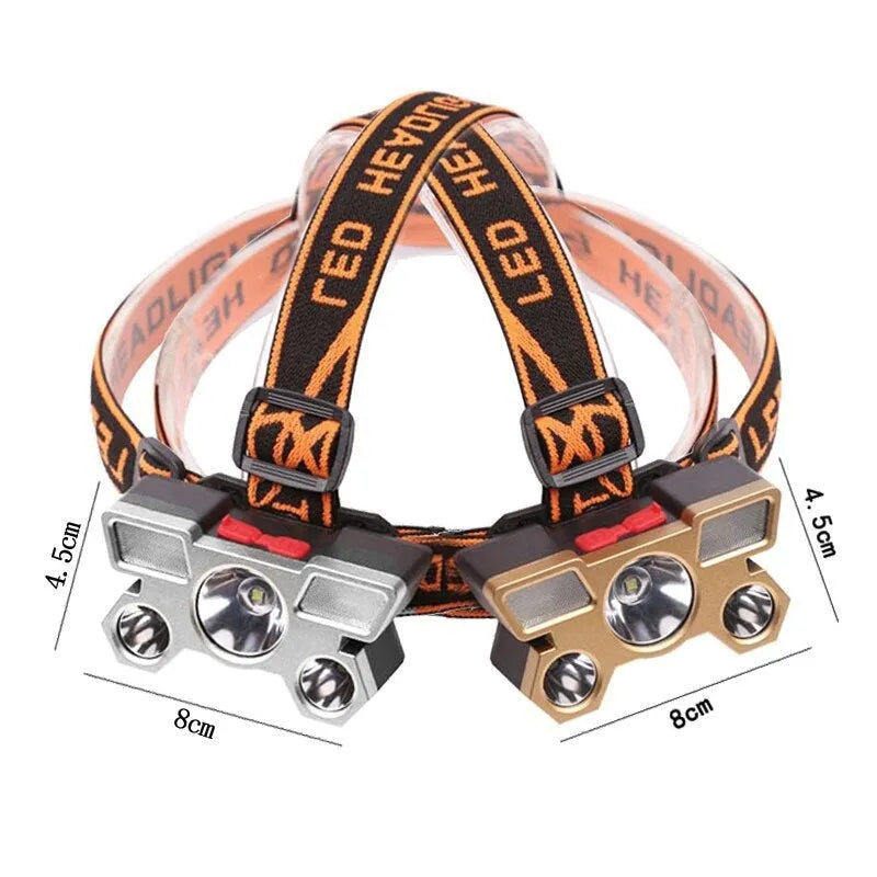 Head-mounted LED miner's lamp with 10W light, adjustable strap, and charging cable on a light-colour background.