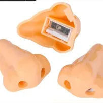 Flesh-coloured geometry-shaped plastic pencil sharpener with big nostril for standard pencils.