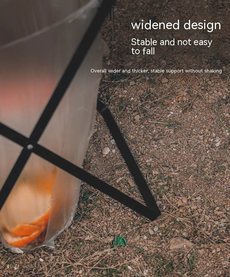 Foldable outdoor garbage storage hanger with iron frame and wooden handle in black colour.