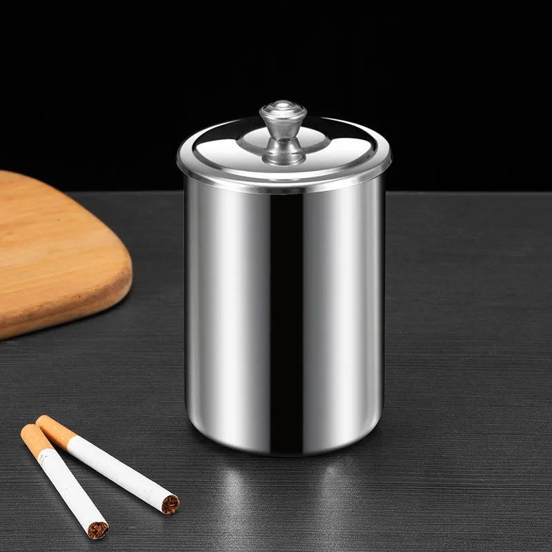 Stainless steel fly ash ashtray with cover, funnel, and smoke button.