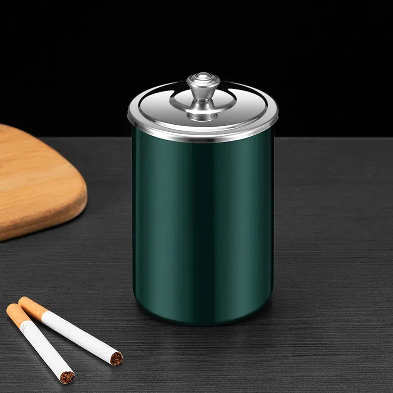 Stainless steel fly ash ashtray with cover, funnel, and smoke button.