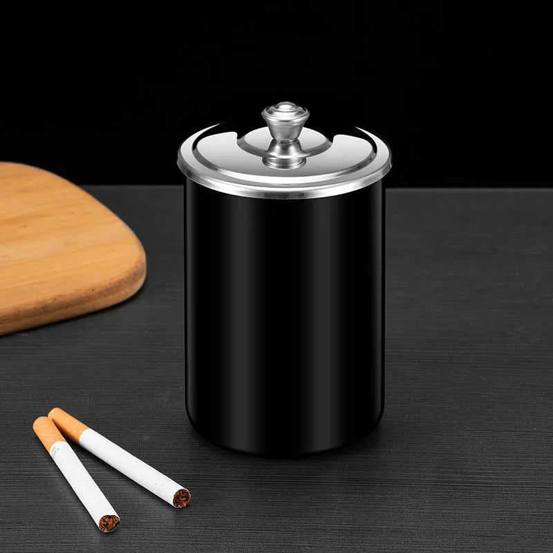 Stainless steel fly ash ashtray with cover, funnel, and smoke button.