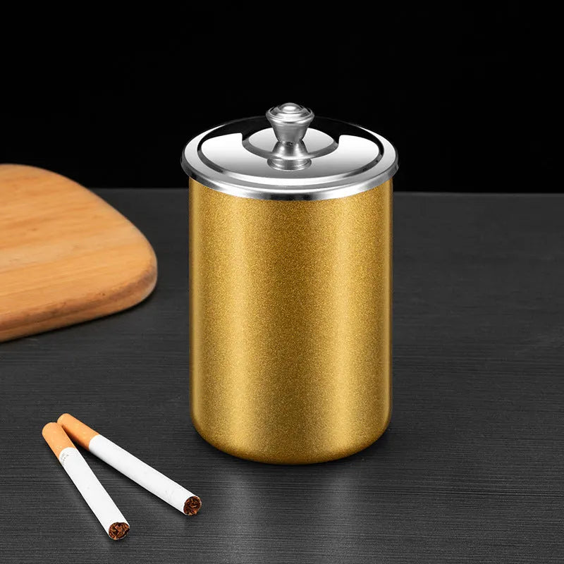 Stainless steel fly ash ashtray with cover, funnel, and smoke button.