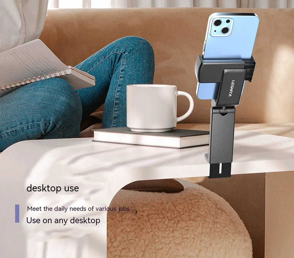 Foldable rotating phone holder in black showing adjustable angle mechanism with phone in landscape position