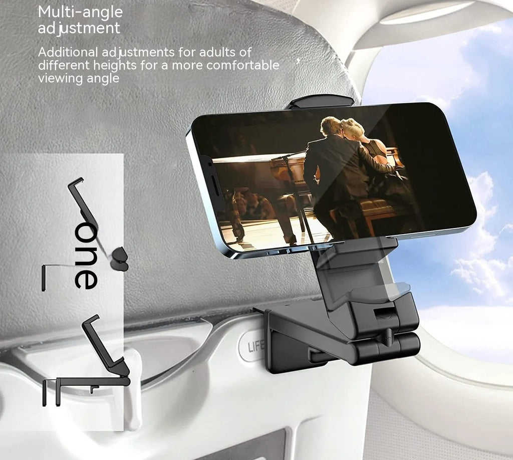 Foldable rotating phone holder in black showing adjustable angle mechanism with phone in landscape position