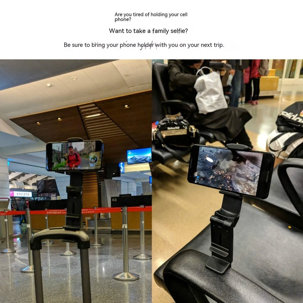 Foldable rotating phone holder in black showing adjustable angle mechanism with phone in landscape position