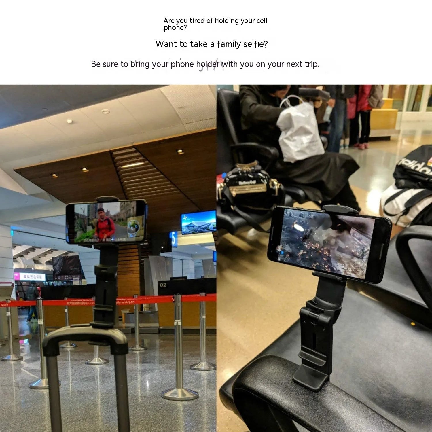 Foldable rotating phone holder in black showing adjustable angle mechanism with phone in landscape position
