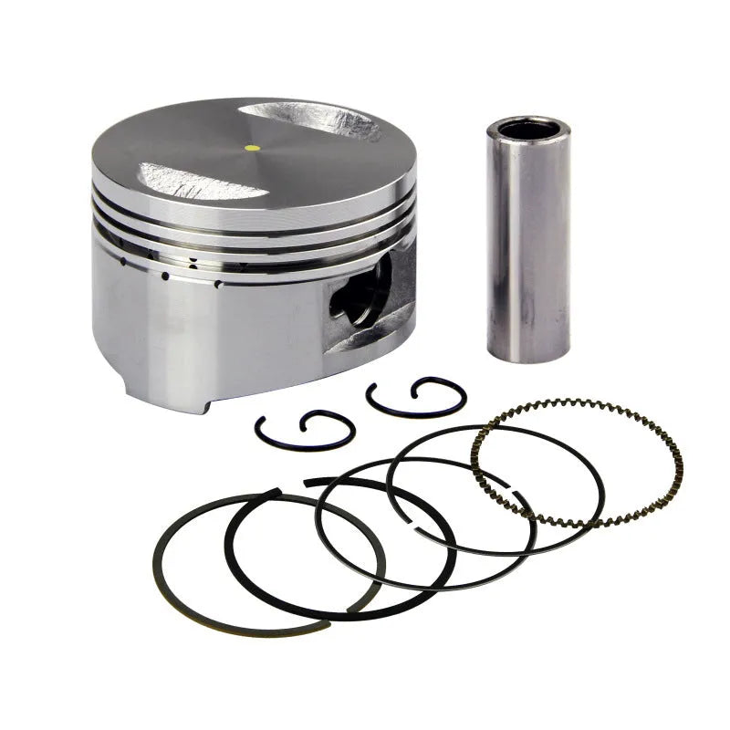 GY6 scooter engine piston kit with piston, rings, wrist pin, and clips on a white background