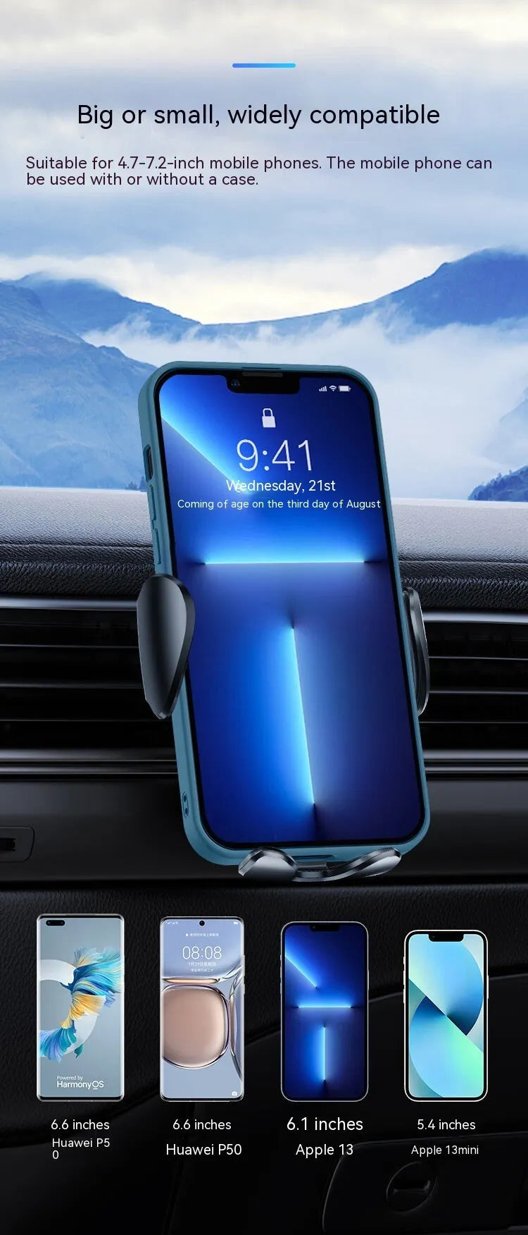 Black universal car air vent mobile phone bracket with adjustable clamping mechanism