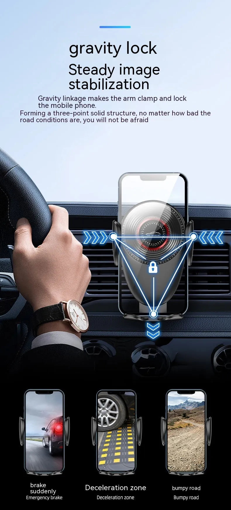 Black universal car air vent mobile phone bracket with adjustable clamping mechanism