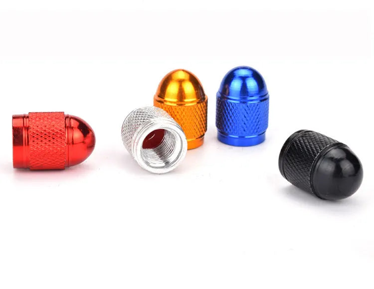 Aluminium mountain bike tyre valve cap in five colour options: black, blue, gold, red, silver.