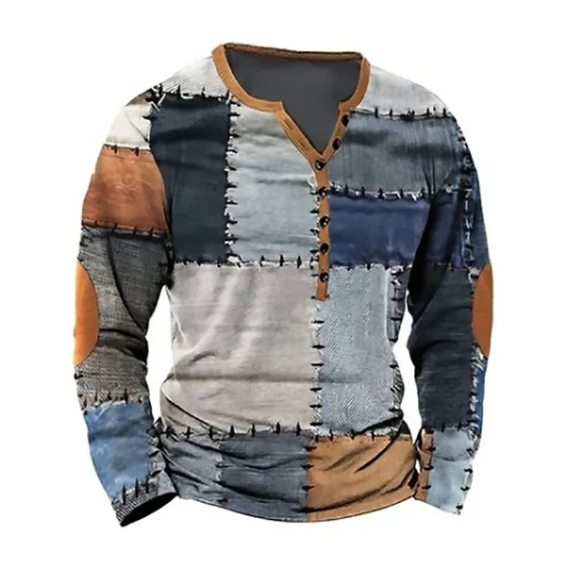 3D digital printed ethnic pattern top with open placket and buttons, loose fit, in multicolour, front view