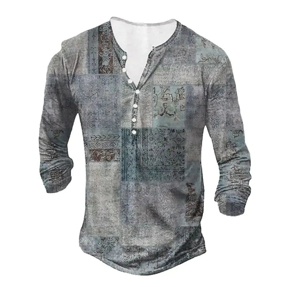 3D digital printed ethnic pattern top with open placket and buttons, loose fit, in multicolour, front view