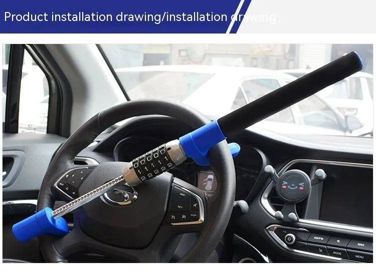 Car steering wheel anti-theft U-lock with combination dial in black, blue or red colour options