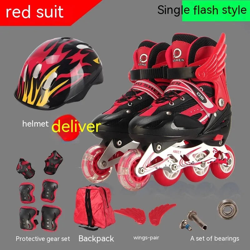 Colourful adjustable children's roller skates with protective helmet and gear set on a backpack
