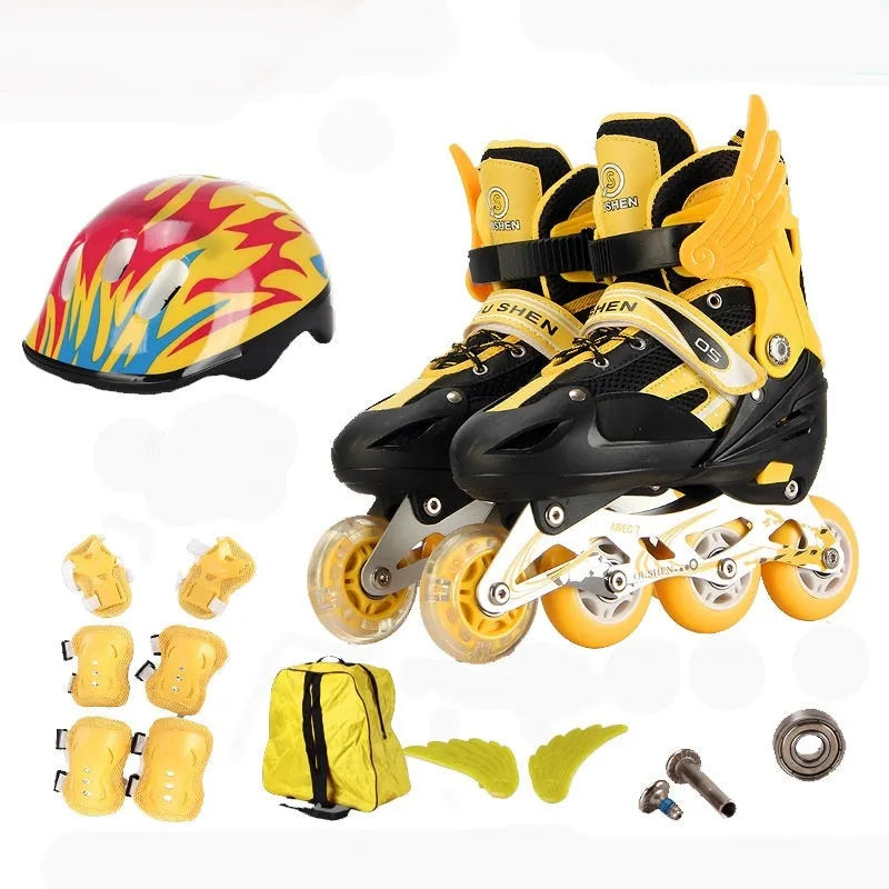 Colourful adjustable children's roller skates with protective helmet and gear set on a backpack