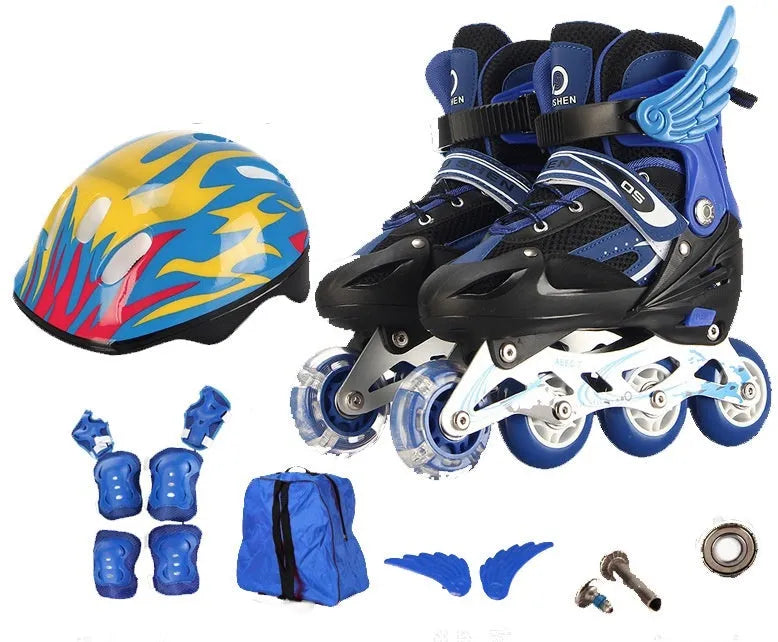 Colourful adjustable children's roller skates with protective helmet and gear set on a backpack