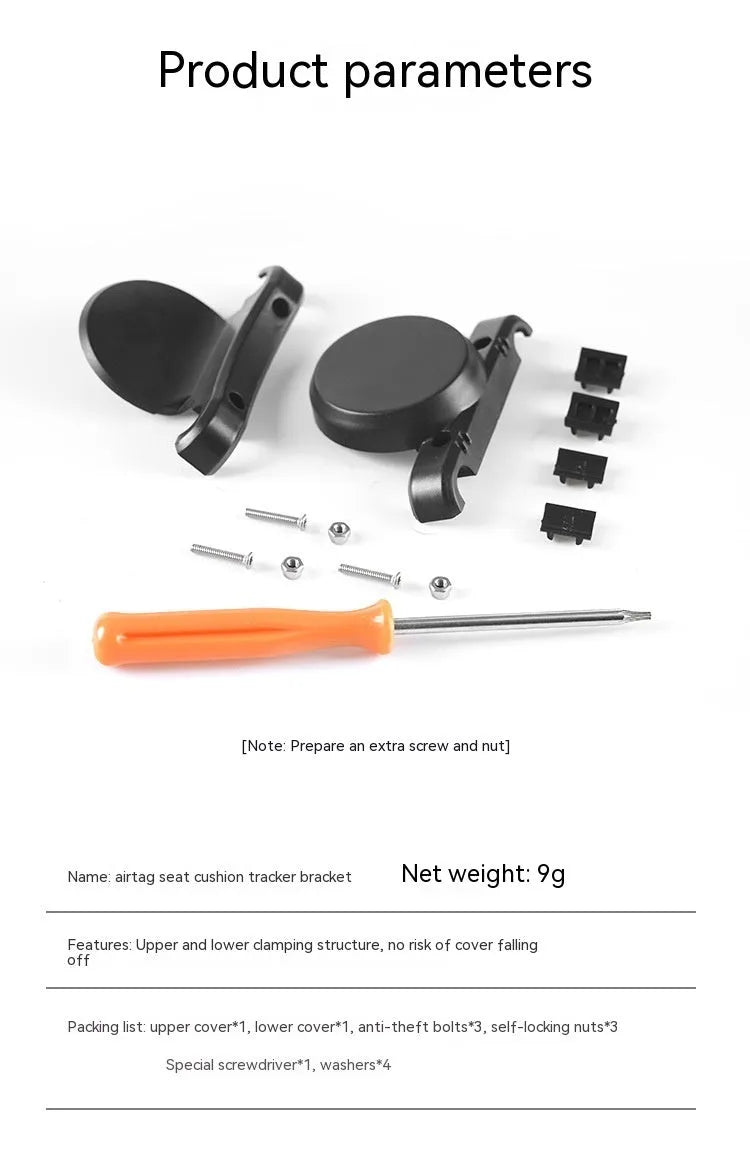 Black ABS plastic bicycle tracking bracket with anti-theft bolts for seat bow mounting
