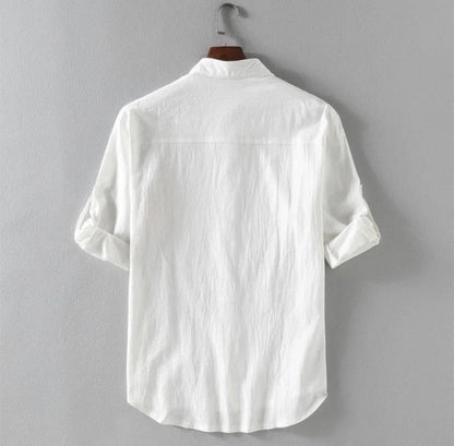 Men's linen stand collar loose shirt in white, black, and green with embossing detail