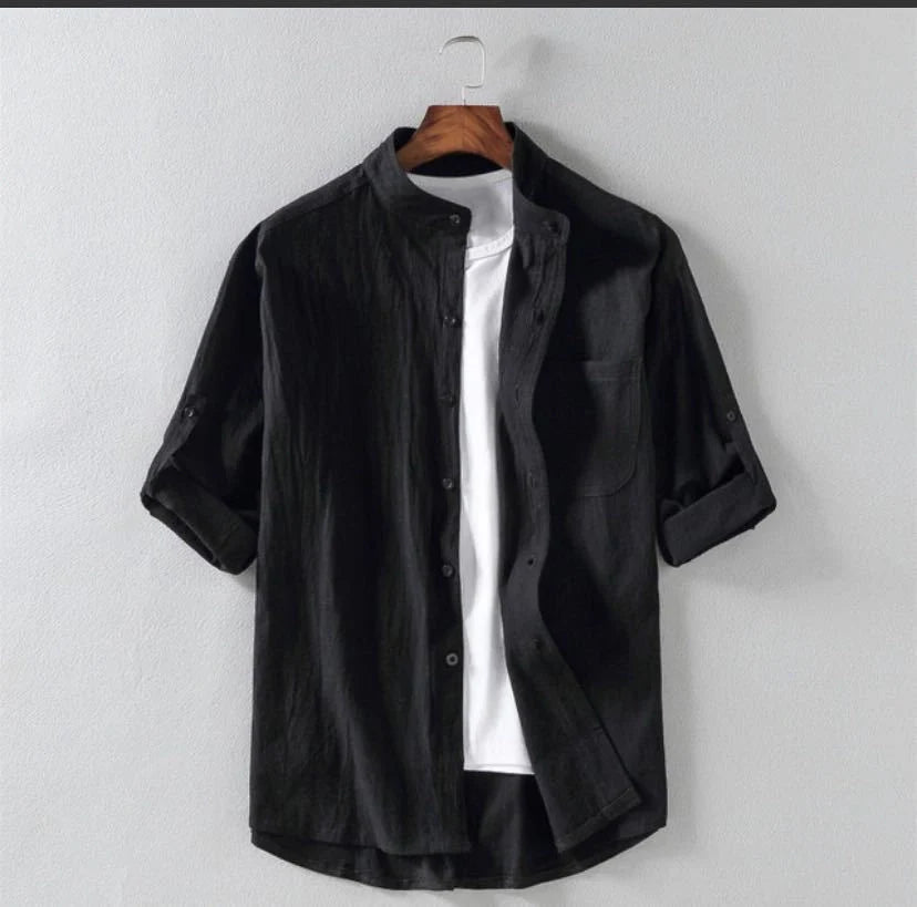 Men's linen stand collar loose shirt in white, black, and green with embossing detail