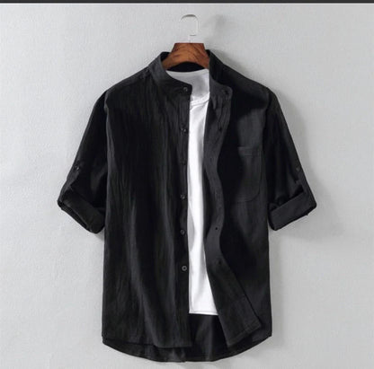 Men's linen stand collar loose shirt in white, black, and green with embossing detail